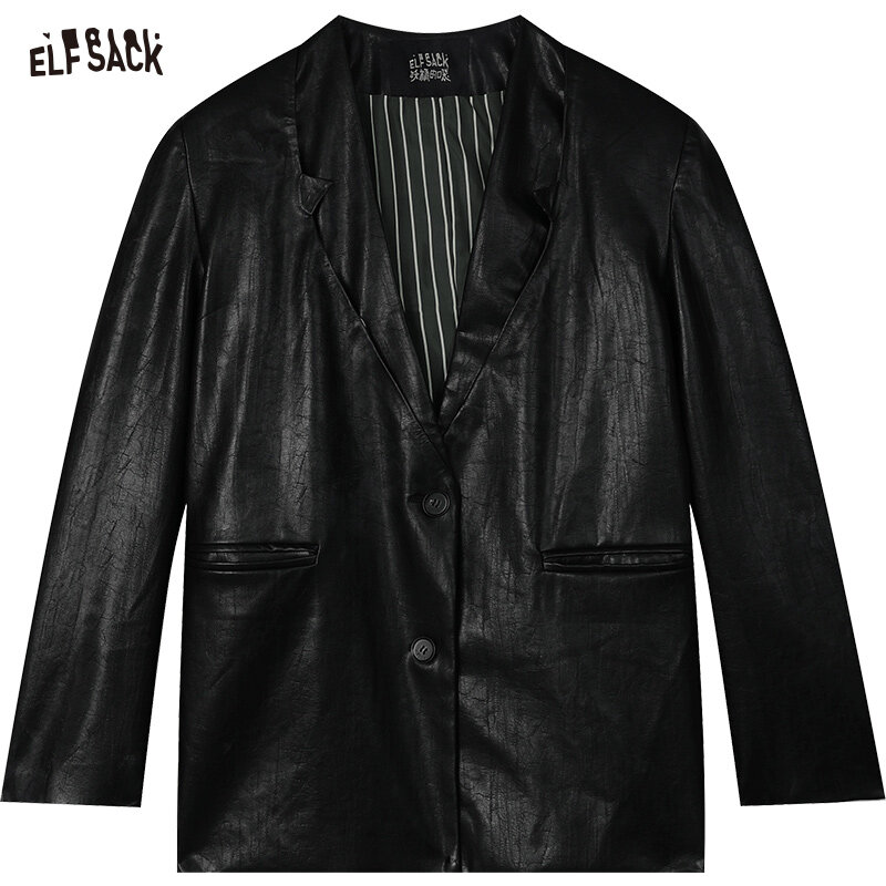 ELFSACK-abrigo glaseado de cuero pu para mujer, abrigo de locomotora de manga larga, estilo informal de oficina, color sólido, Primavera