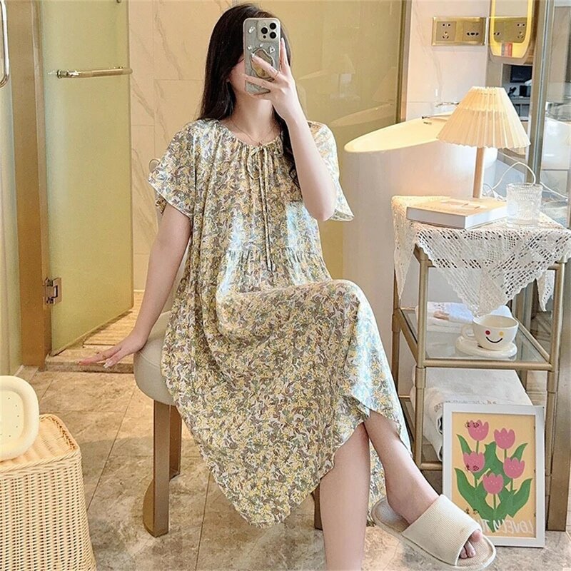 Loose Summer Thin Short Sleeves Nightgowns Women Printed Round Neck Long Nightdress Casual Breathable Viscose Sleepwear Homewear