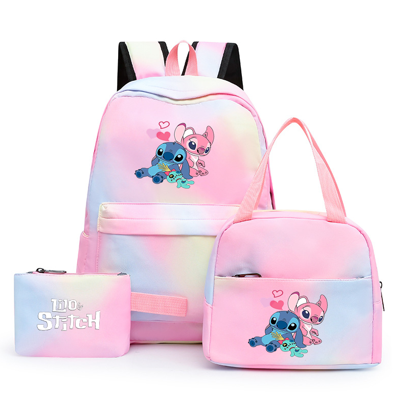 Tas sekolah kasual anak laki-laki perempuan, set 3 buah ransel Disney Lilo Stitch warna-warni dengan tas makan siang, tas sekolah pelajar remaja wanita