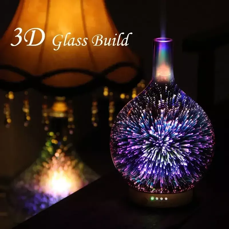 3D 불꽃 놀이 공기 가습기 유리 아로마 기계, 초음파 에센셜 오일 아로마 디퓨저, 가정용 4 타이밍 7 LED 조명, 100ml
