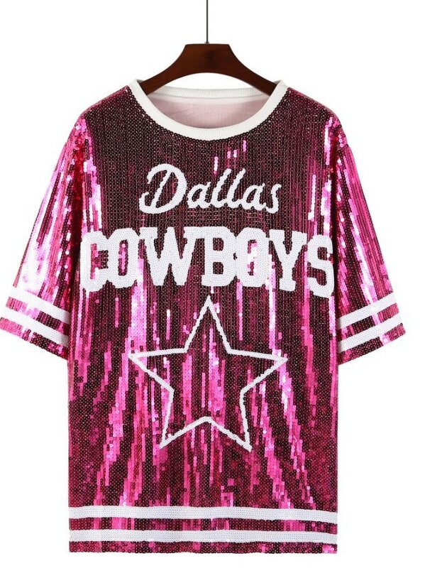 Camiseta de lentejuelas para mujer, vestido de Cowboy, béisbol, juego de fútbol, Tops femeninos, nuevo