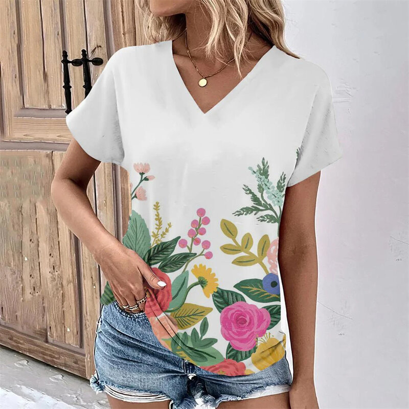 T-shirt longgar kerah V wanita, atasan kaus cetak bunga lengan pendek kasual ukuran besar musim panas modis