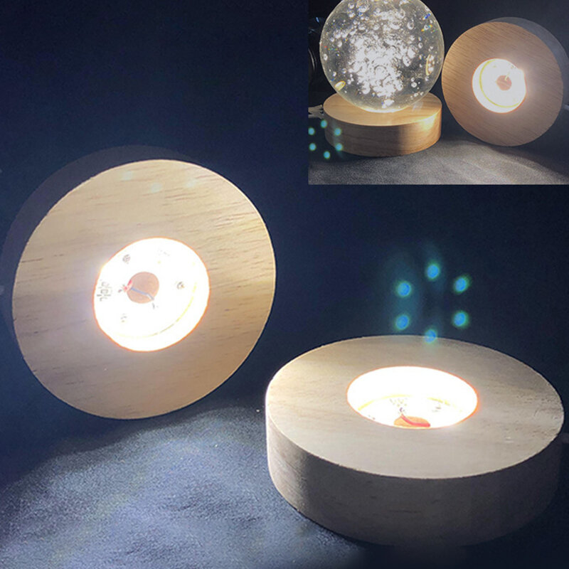 Présentoir de boule de cristal de base en bois ronde, support de lumière LED, verre, résine, art, ornement, support de lampe, veilleuse