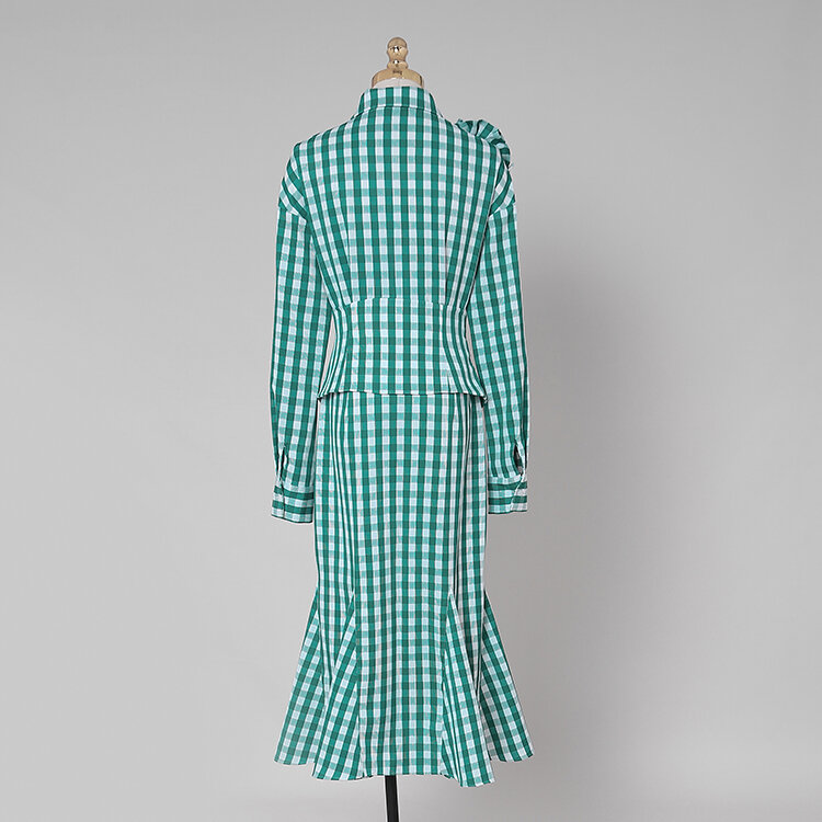 W kratę sukienka z lamówką wiosna nowa moda trójwymiarowa kwiatowy styl obręcz średniej długości zielony w kratę koszula fishtail