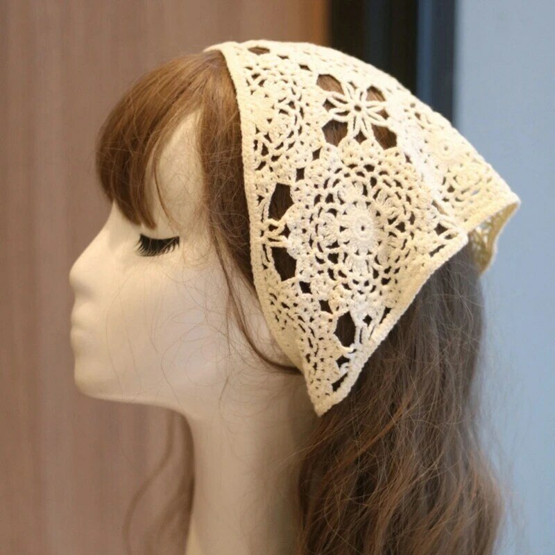 652F Вязаная крючком бандана, платок для головы, шарф для волос, вязаная повязка на голову, бандана с цветочным принтом для