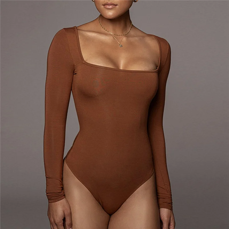 Bodysuit wanita lengan panjang leher persegi, pakaian atasan Tubuh Seksi, coklat XL