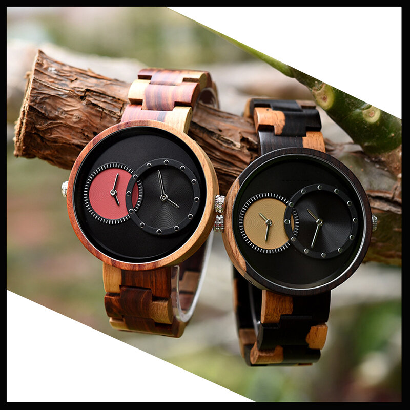 Jam tangan kuarsa untuk pria wanita, jam tangan kayu 2 zona waktu ringan desain modis untuk pria dan wanita