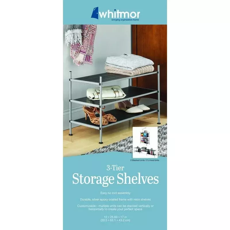 Whismor-estantes de almacenamiento para armario de 3 niveles, Zapatero y organizador del hogar, marco de hierro epoxi plateado, 12 "x 25.625" x 17"