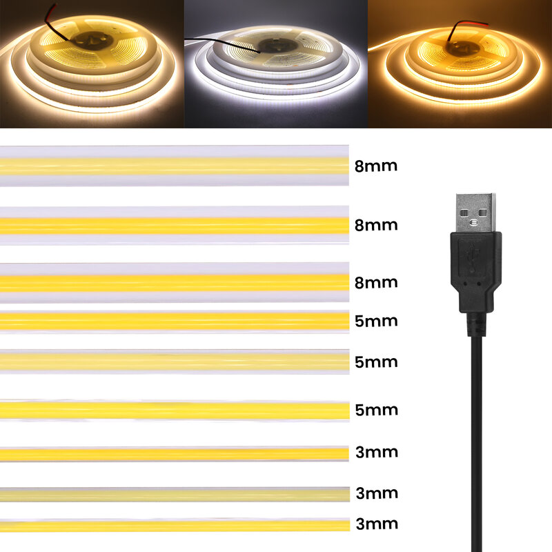 Bande Lumineuse LED COB Flexible à Haute Densité, Éclairage Linéaire, USB, 5V, RA90, 3mm, 5mm, 8mm, PCB, Rouge, Vert, Bleu, Rose, 320 Gible/m