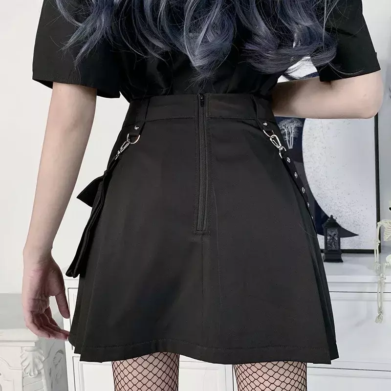 여성용 하라주쿠 펑크 고딕 블랙 하이 웨이스트 블랙 스커트, 섹시한 패치워크 붕대, 미니 여성 스트리트웨어 블랙 스커트