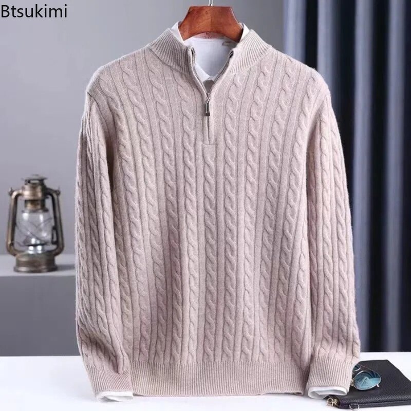2024 Men's Warm Knitted Sweaters Autumn Winter Standing Neck Zipper Warm Tops Solid Jacquard Long Sleeve Knitted Pullovers  Men