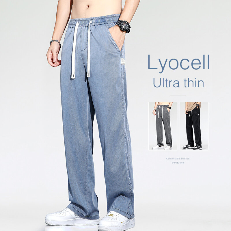 Letnie cienkie męskie dżinsy z luźna szeroka nogawkami miękkie Lyocell elastyczny modny proste spodnie dżinsowe ze sznurkiem czarne niebiesko-szare