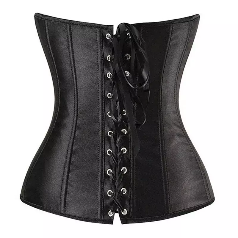 Sexy Black Satin Overbust Corset Bustier Top Rhinestone Plastic Boned Slimming Waist Shaper Lace-up Women Corselet With G String