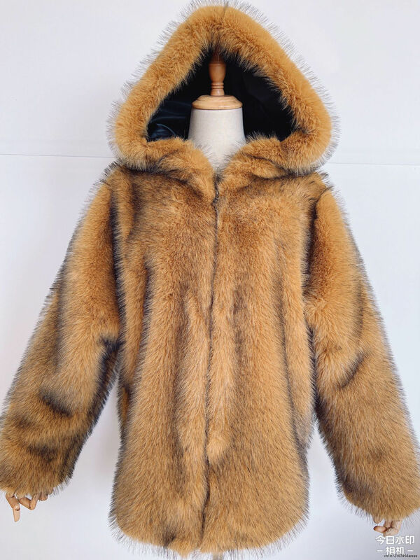 여성용 인조 여우 모피 후드 모피 코트, 중간 길이, 느슨한 따뜻한 재킷, 따뜻한 루즈 코트, 겨울 패션