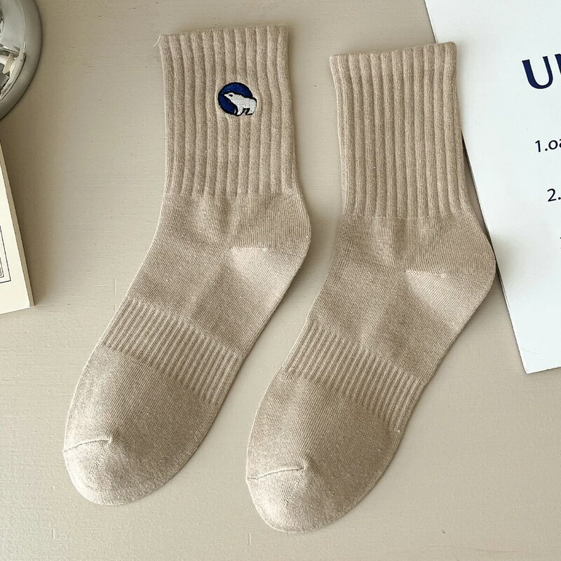 Calcetines cortos de algodón con bordado de oso Polar para parejas, medias tobilleras para correr, playa, punto vívido, 2024