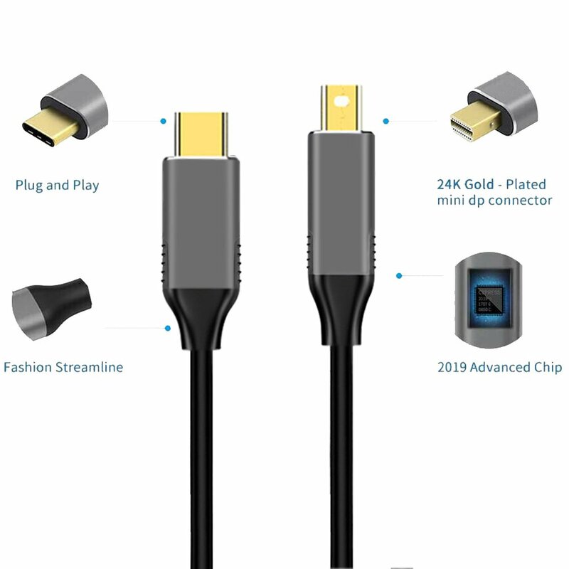 ミニdisplayerポータブルコンバーターケーブル,USB c〜4k @ 60hz,1.4,thunderbolt 2と互換性があり,type-cからmini dp,PCモニター