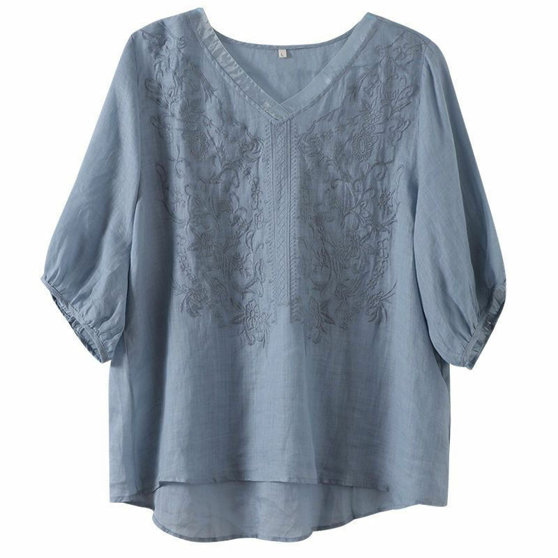 Estate nuova moda Vintage pullover coreani sciolti con scollo a v ricamo impiombato mezza manica t-shirt da donna in cotone e lino top