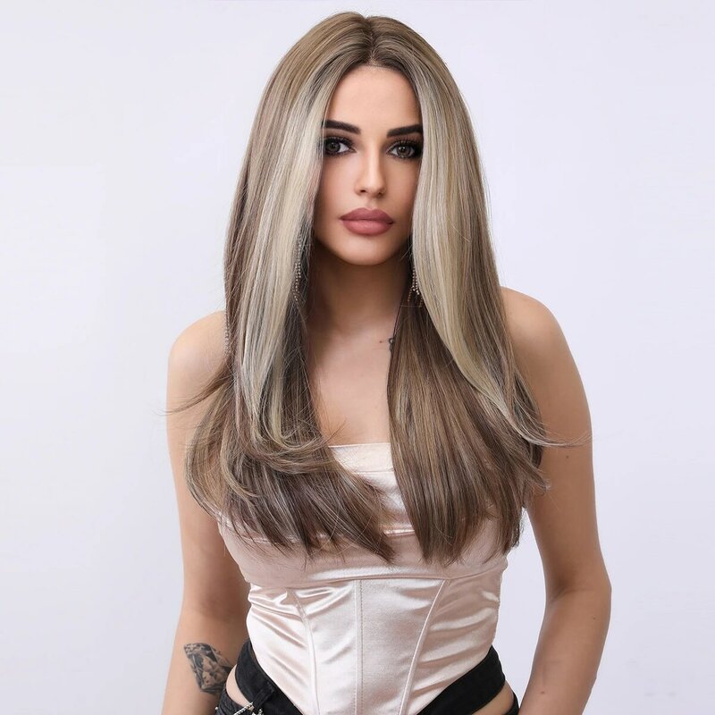 Smilco Omber Brown T-Part 13X5X1 Lace Front Kanekalon Synthetic Wave Wigs Invisible Lace Front Preplucked Wig Heat Resistant Wig