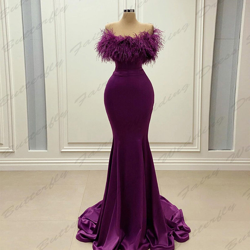 Sexy Backless Evening Party Dresses For Women Simple Slimming Feather Satin Elegant Off Shoulder Sleeveless Vintage Prom Gowns