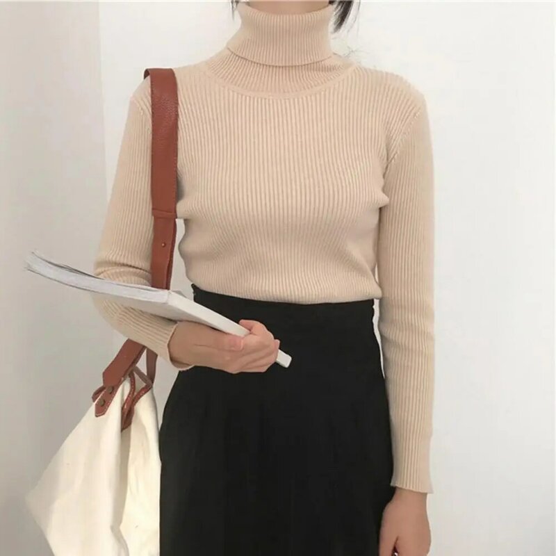 New Women Pullover Turtleneck Sweater Autumn Long Sleeve Slim Elastic Korean Simple Basic Cheap Jumper Solid Color Top