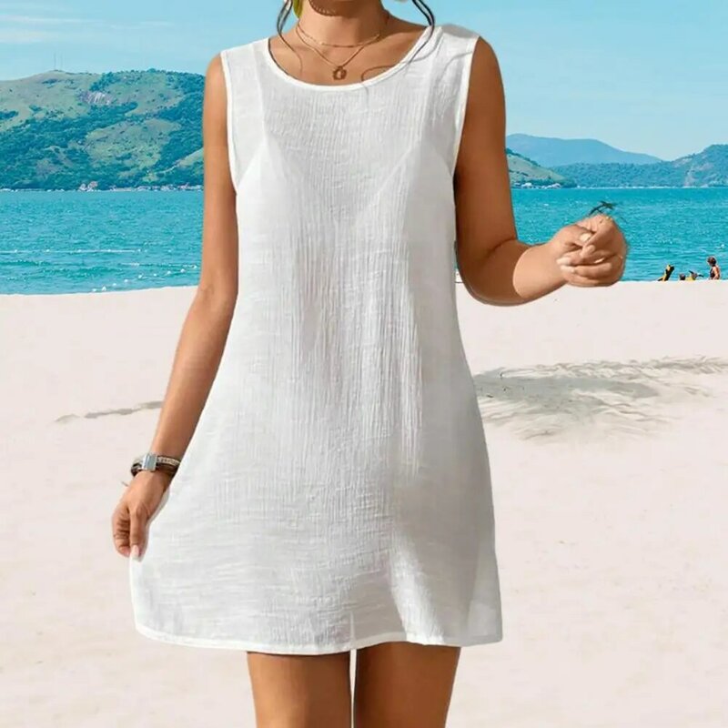Women Swim Cover-up Backless Sleeveless Loose Sun Protection Anti-UV Soft Breathable Bikini Swimsuit Cover-up Lady Beach Dress