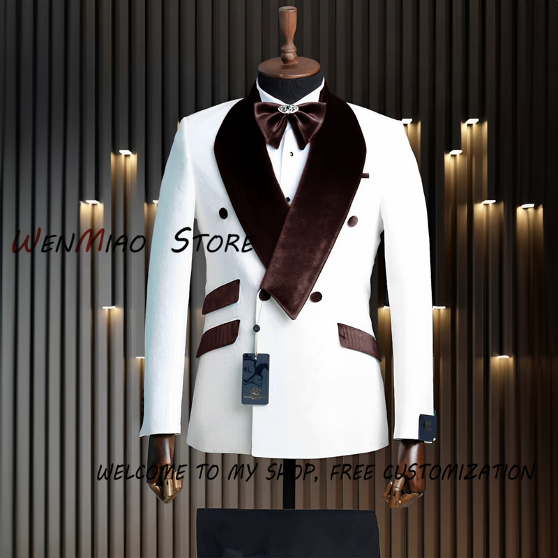 Traje de doble botonadura hecho para hombre, traje de boda Jacquard blanco de 2 piezas, esmoquin ajustado para novio, traje elegante 2023