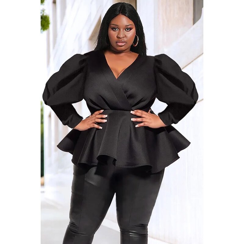 Plus Size Semi Formal Blouse Black Puff Sleeve Wrap Neck Long Sleeve Blouse