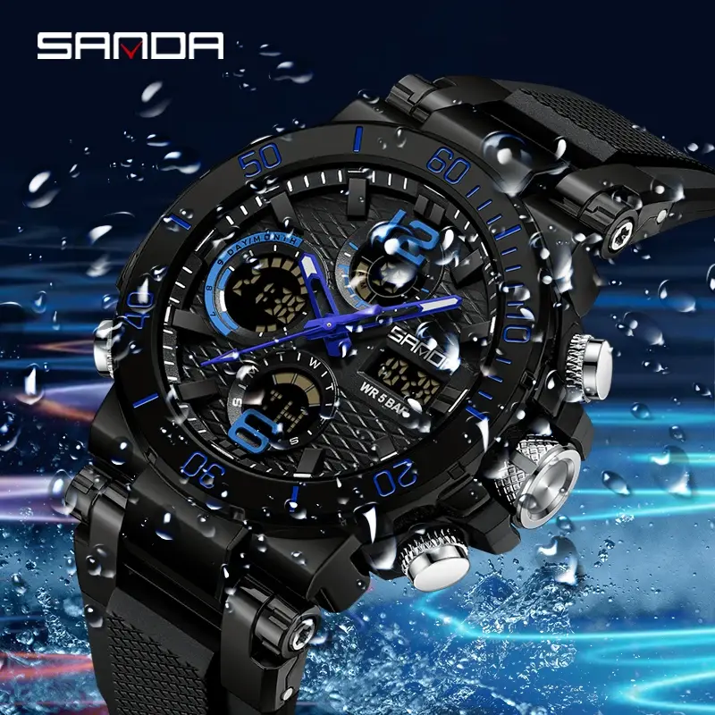 Sanda-Relógio de pulso digital multifuncional masculino, relógio despertador multifuncional à prova d'água, tela dupla, luz noturna, 6167, 2023, novo
