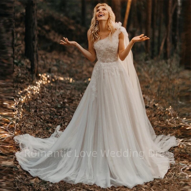 Gaun pengantin renda Applique berlipat satu bahu gaun pengantin A-line gaun pengantin gaun pengantin panjang A-line Vestido De Novia