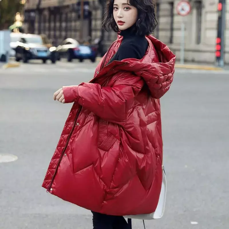 2024 neue Frauen Daunen jacke Wintermantel weibliche mittellange Version Parkas lose dicke warme Outwear Kapuze Freizeit mantel