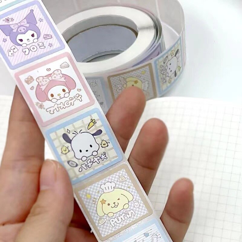 500 buah/gulungan stiker Sanrio Kawaii Kuromi Hello Kitty P Cinnamoroll kartun anak-anak hadiah stiker dekorasi mainan