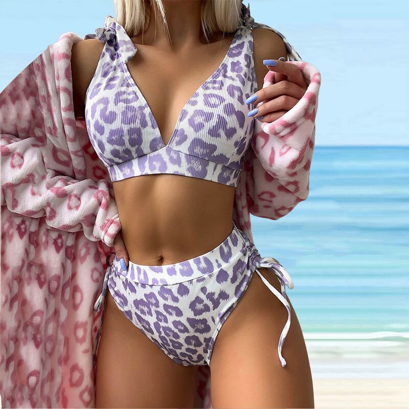 Conjunto de Bikini de cobertura completa para mujer, traje de baño de cintura alta, bañador Sexy con estampado de leopardo, ropa de baño 2024