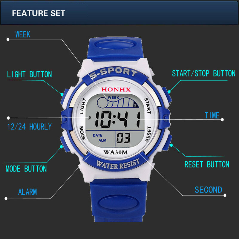 Светодиодные спортивные часы для мальчиков, водонепроницаемые цифровые, с будильником и датой, подарок для детей, светящийся циферблат, военные спортивные часы