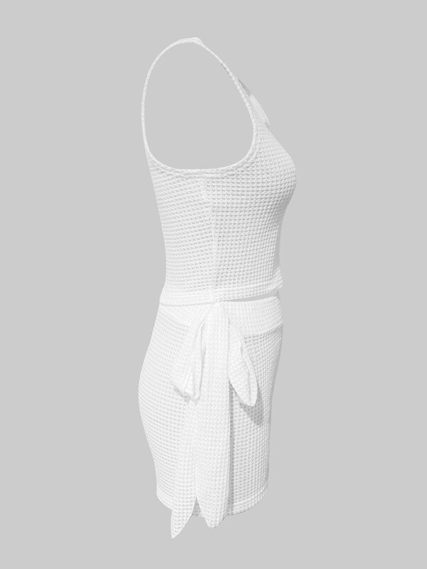 Женский летний комплект из 2 предметов, однотонный сетчатый бандажный костюм с шортами и круглым вырезом, без рукавов