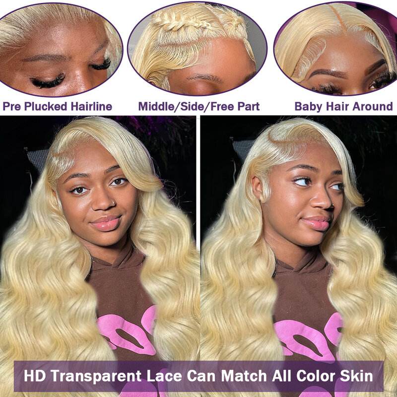 Perruque Lace Front Wig Body Wave brésilienne naturelle, blond miel 613, 13x4, 13x6, pour femmes
