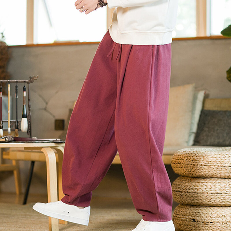 FJPants-Pantalon large en coton et lin pour homme, coupe élastique, ample, décontracté, uni, hiver