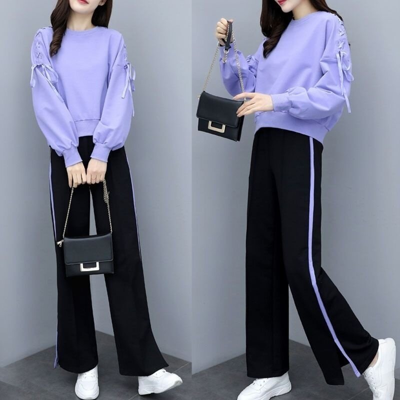 Women's Spring Autumn Fashion Sportswear Suit 2023 New Loose And Slim Casual Sweater Tops Wide Leg Pants Two Piece Set For Women