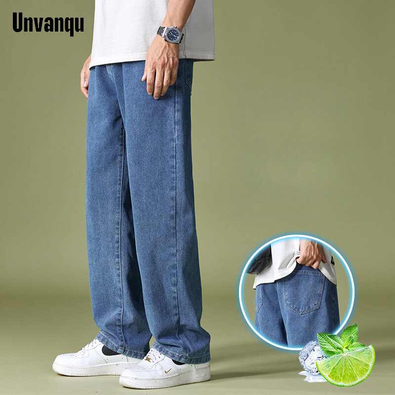 Unvanqu-بنطال جينز كاجوال كلاسيكي للرجال ، جينز مستقيم واسع الساق ، حرير ثلجي ، رقيق ، فضفاض ، عالي الجودة ، موضة الشارع ، الصيف