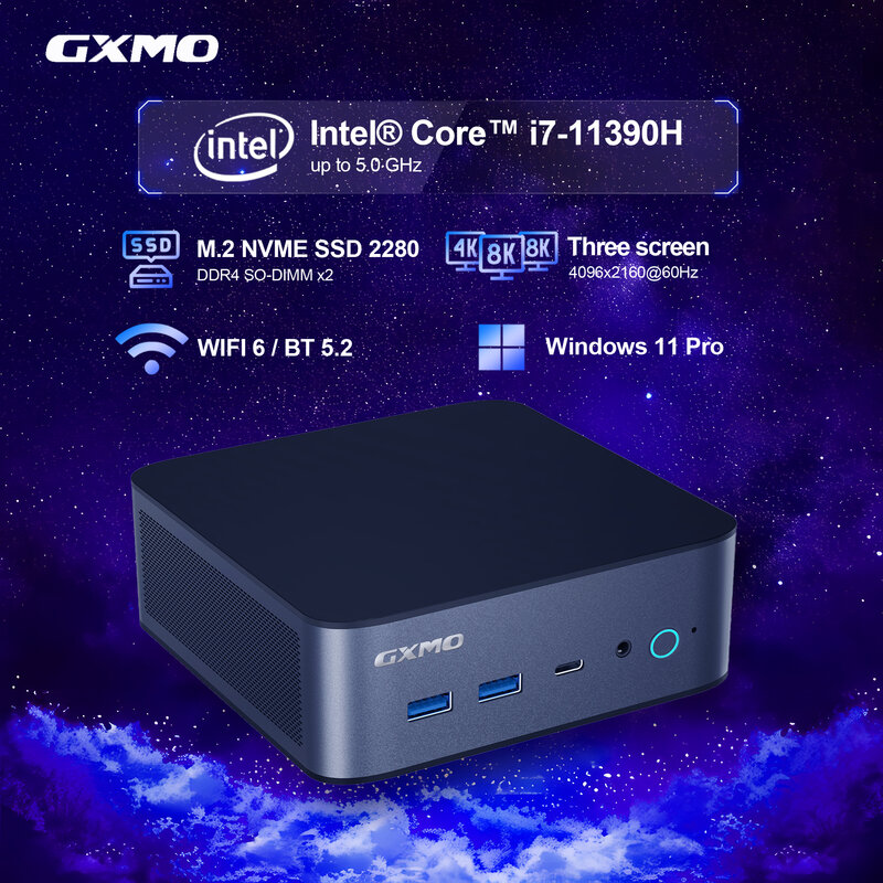 GXMO Мини ПК игровой 8K дисплей, Type-C Thunderbolt™4. Wi-Fi 6 мини-ПК с M.2 NVME SSD, Intel Core i7-11390H (5 ГГц) мини-ПК