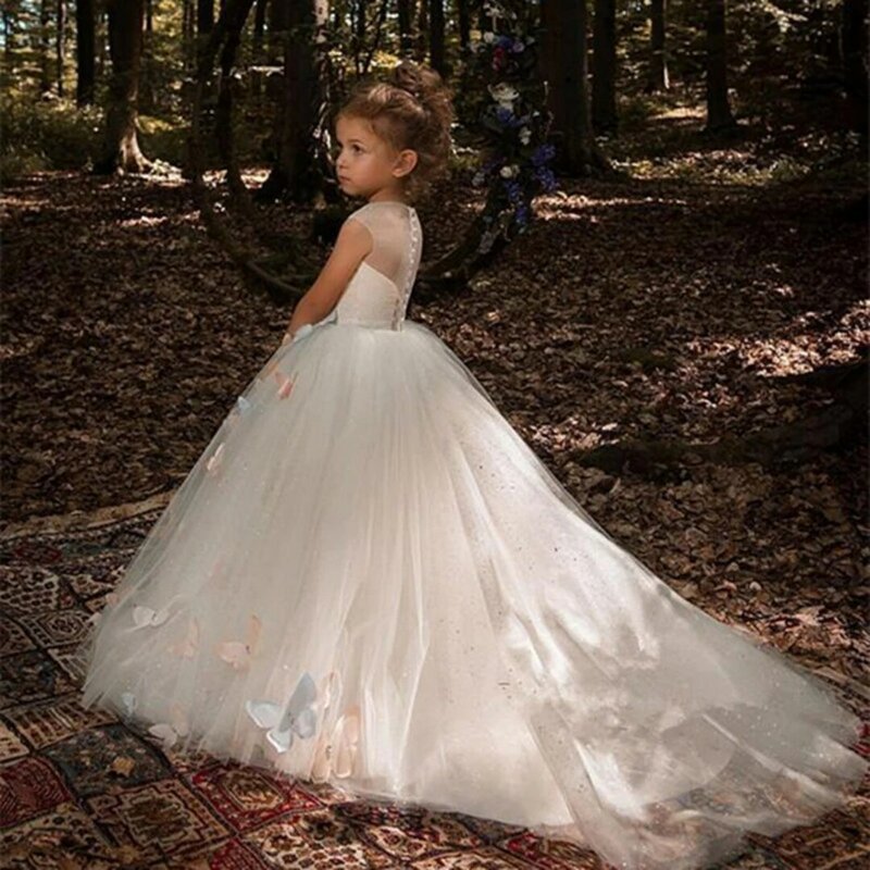Kwiatowa sukienki dla dziewczynek biała księżniczka bez rękawów koronkowa aplikacja tiulowa miękka pierwsza komunia sukienki dziewczęce konkurs Gow
