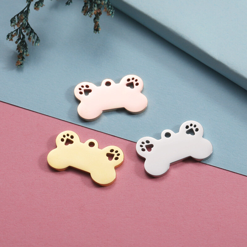5PCS Stainless Steel Bone Charms Hollowed Pet Cat and Dog Footprint Personalized Pet Name Pendant Cat and Dog ID Necklace Collar