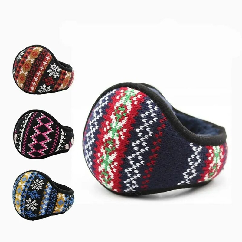 Winter Warm Ear Warmers Knitted Jacquard Ethnic Style Plush Earmuffs for Women Men Foldable Soft Thicken Earlap