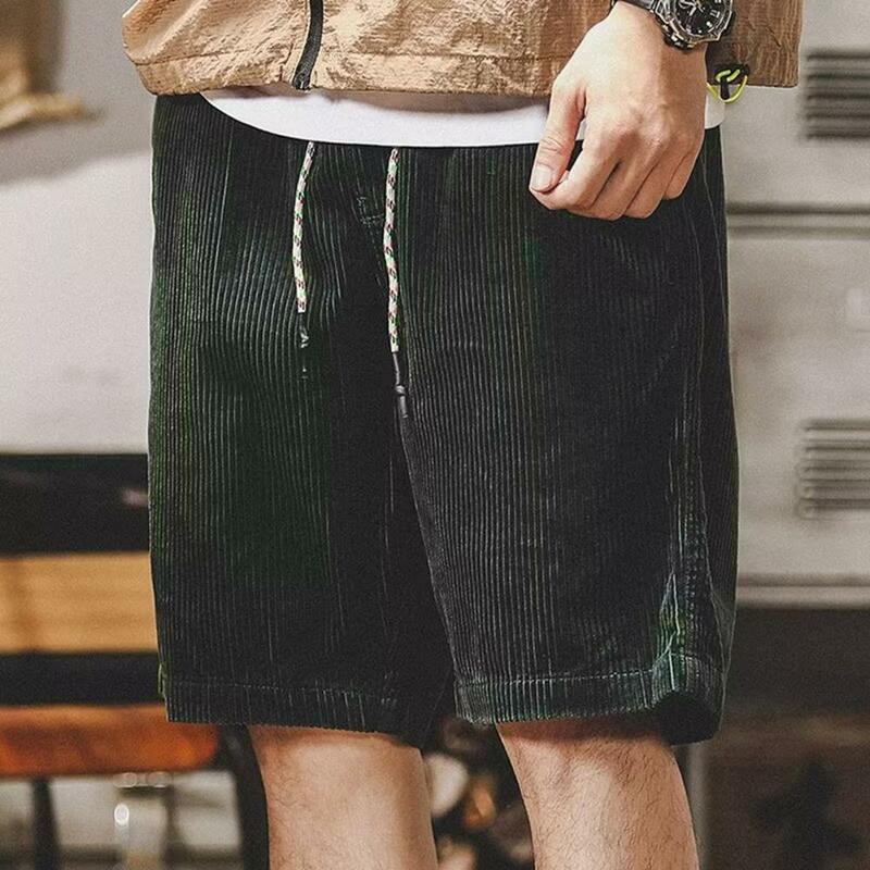 Men Summer Shorts Elastic Waist Adjustable Drawstring Casual Shorts With Pockets Solid Color Wide Leg Corduroy Beach Shorts