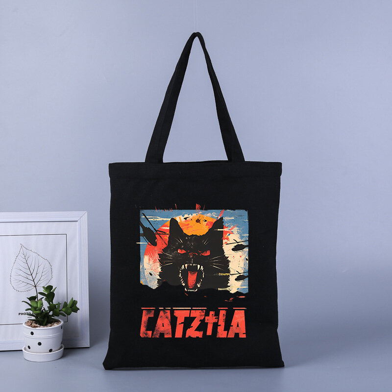 catzilla cat printed canvas shopping bag large capacity handbag tote bag student school bag