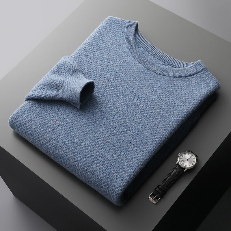 New autumn and winter 100% merino wool men's round neck honeycomb pullover sweater casual knitting bottoming shirt