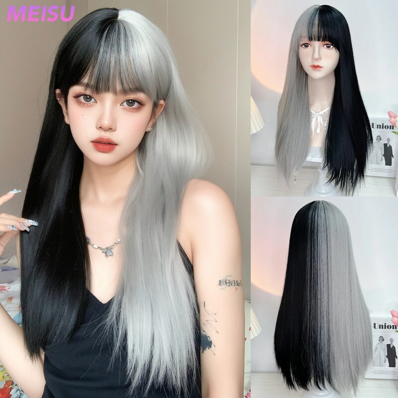 MEISU черно-серый парик длинные прямые челки 24 дюйма синтетическое волокно термостойкий натуральный брикет или селфи для женщин