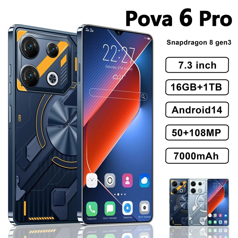 Pova 6 Pro smartphone 5g 7.3inch HD 16G + 1TB โทรศัพท์มือถือโทรศัพท์มือถือสองซิม50 + 108MP 7000mAh Android 14 Unlock NFC