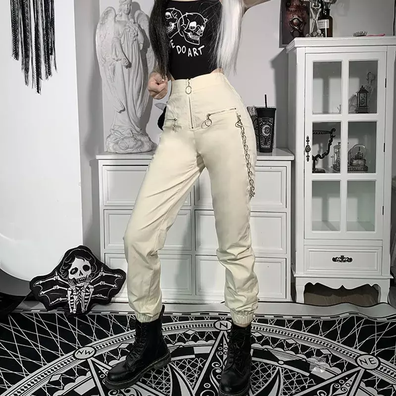 Celana Harem gaya Gotik wanita, celana Harem ritsleting kasual rantai hitam murni celana panjang Hip-hop mode keren