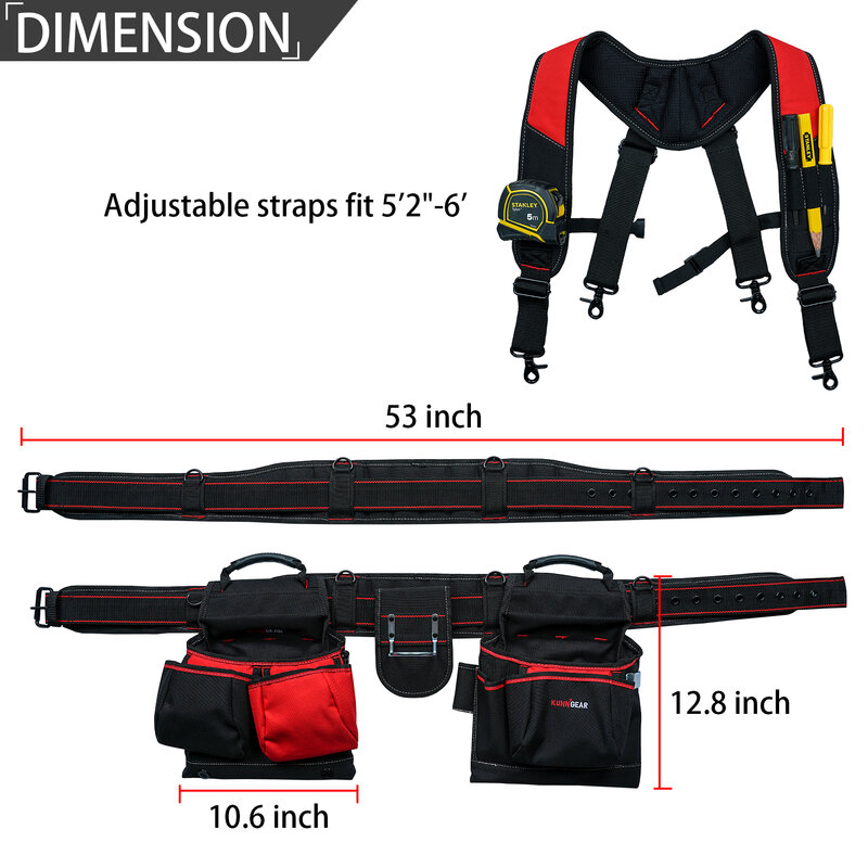 KUNN Carpenter Tool Belt with Suspenders Pro Framer Suspension Tool Rig for Construction Contractors and Electrician
