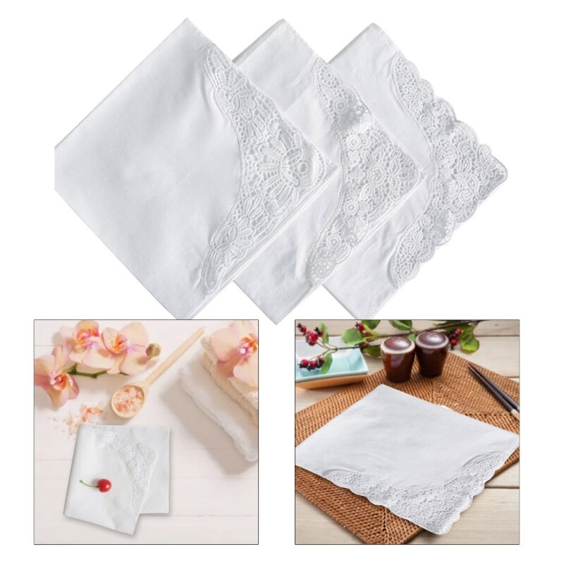 Pañuelos blancos de encaje elegante, pañuelos de algodón suave y delicado para mujer, pañuelos de algodón con borde de encaje de